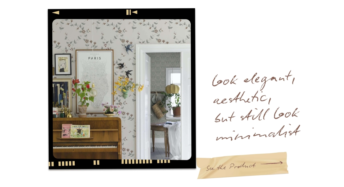 The color and pattern of  wallpaper use earth tones and a calm palette.
